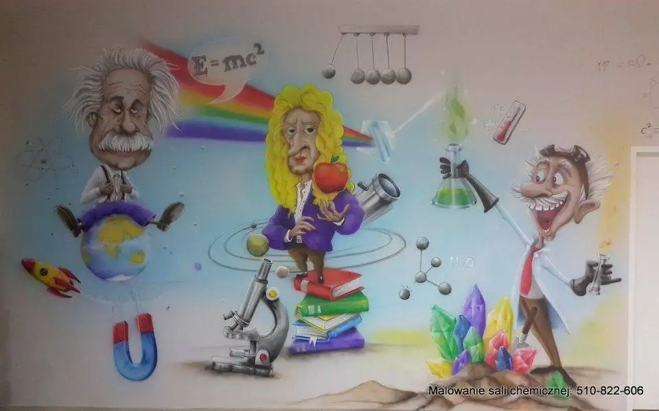 Ciekawy mural namalowany w sali fizyczno chemicznej przedstawiający w zabawny sposób naukę i zabawę,
