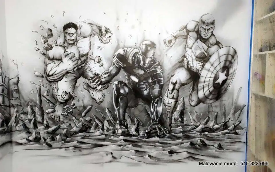 Mural dla fana Marvela, malowanie pokoju dziecięcego w motyw z Super bohaterami Avengers